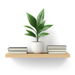 Simple wooden shelf with books and potted plant.