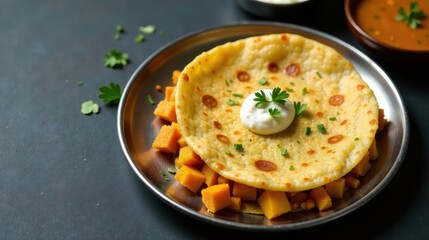 Savory Flatbread Topped with Creamy Yogurt and Sweet, Cubed Vegetables on a Metallic Plate