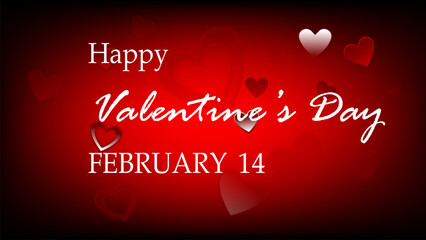 A vibrant Valentine&rsquo;s Day greeting card featuring a red gradient background adorned with various heart shapes in different sizes. The central text Happy Valentine's Day" and February 14