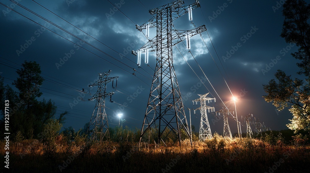 Poster peak energy grid distribution at night power lines in urban landscape electric infrastructure dark e