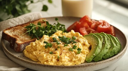 Scrambled eggs toast avocado almond milk breakfast setup