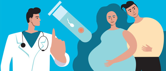 Couple with pregnant woman as family planning concept, in vitro fertilization assisted pregnancy, flat vector stock illustration, family consultation with doctor for IVF
