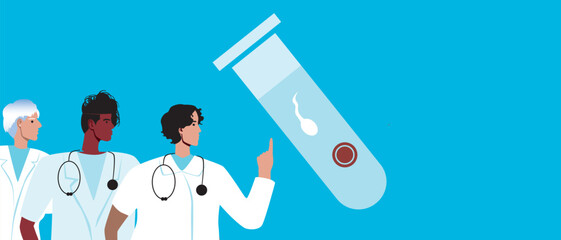 Doctor gynecologist with test tube for ivf with sperm and egg, flat vector stock illustration or copy space with doctor and touchscreen screen with in vitro fertilization