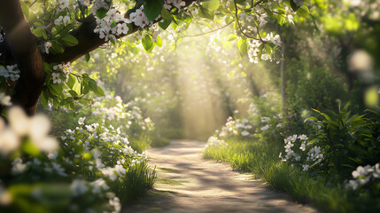 Fototapeta premium Serene Flower-Laden Pathway Amidst Sunlit Forest