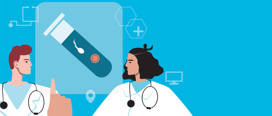 Doctor with IVF test tube, flat vector stock illustration or copy space with doctor and touchscreen with in vitro fertilization