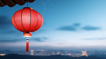 A close-up of a traditional Chinese lantern under the eaves