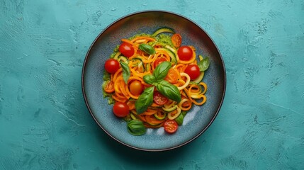 Colorful vegetable pasta with spiralized zucchini and carrot flatlay