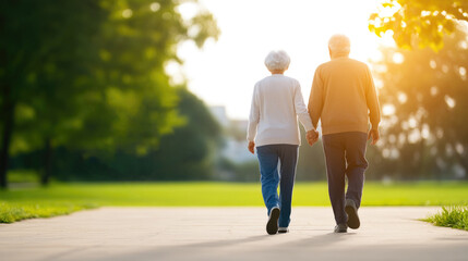 Fototapeta premium Elderly couple holding hands, walking in a park at sunset.