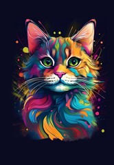  a vibrant and artistic depiction of a cat's face, characterized by a kaleidoscope of colors. 