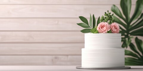 Fototapeta premium Elegant two-tiered wedding cake decorated with pink roses and greenery against a white wooden background.