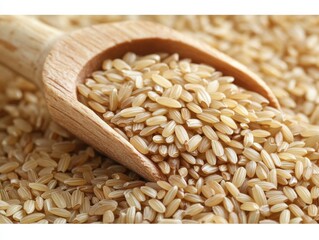 A wooden scoop of brown rice grains. Featuring the texture and natural color of the rice. Emphasizing whole grains and healthy eating. Ideal for health food blogs and organic product advertisements.