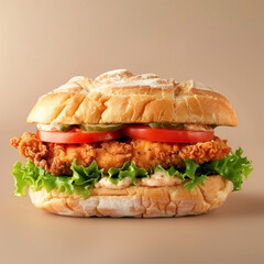 Enjoy a crispy chicken sandwich layered with artisan bread, fresh tomatoes, lettuce, and a flavorful sauce