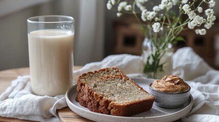 Stylish breakfast setting almond milk banana bread almond butter
