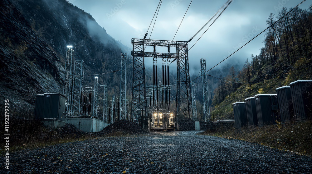 Poster power generation station in mountainous region backup energy infrastructure amidst dark clouds