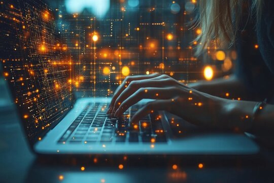 A person typing on a laptop, creating a strong password with a mix of letters, numbers, and symbols. Generative AI