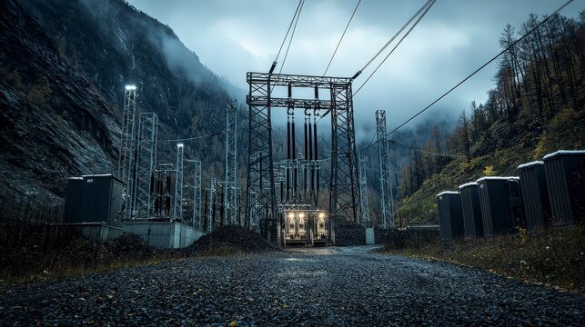 Power generation station in mountainous region backup energy infrastructure amidst dark clouds