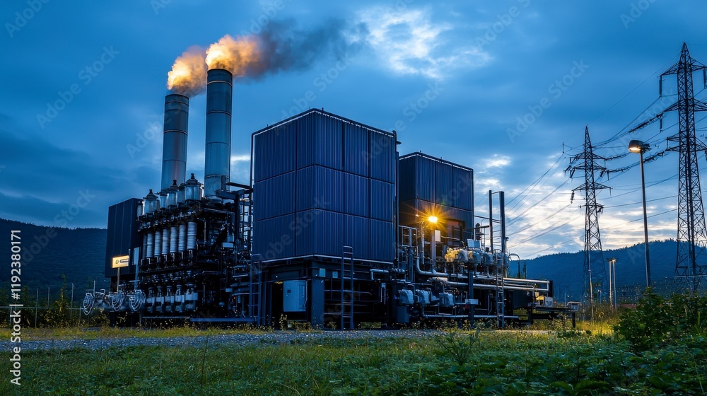 Poster power generation facility industrial area photographic image evening scene dynamic view energy backu