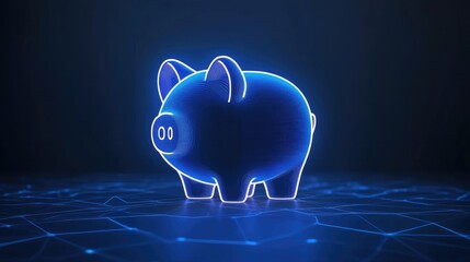 Glowing blue piggy bank digital savings icon on dark background.