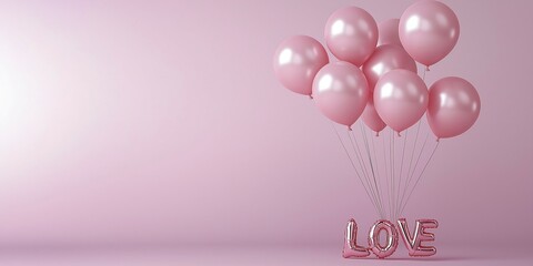 Obraz premium Floating letter balloons spell out love against a soft mauve background, creating an elegant and dreamy ambiance perfect for romantic events, parties, or weddings