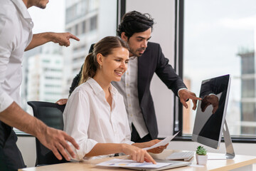 Group of business meeting and discussing strategy with startup project analysis finance process.Success business people plan and brainstorm marketing idea with document in office.Teamwork