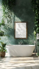 Fototapeta premium Serene Green Bathroom Oasis: A Luxurious Bath Experience in a Tranquil Botanical Setting