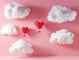 Paper Art Heart Balloons Floating Among White Clouds on a Pink Background