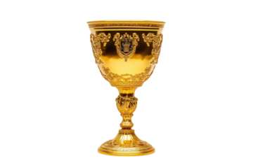 A beautifully ornate golden trophy cup showcasing intricate designs against a clean white backdrop
