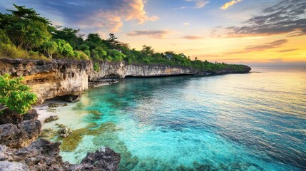 Sunset Paradise: Serene Coastal Cliffs and Turquoise Waters