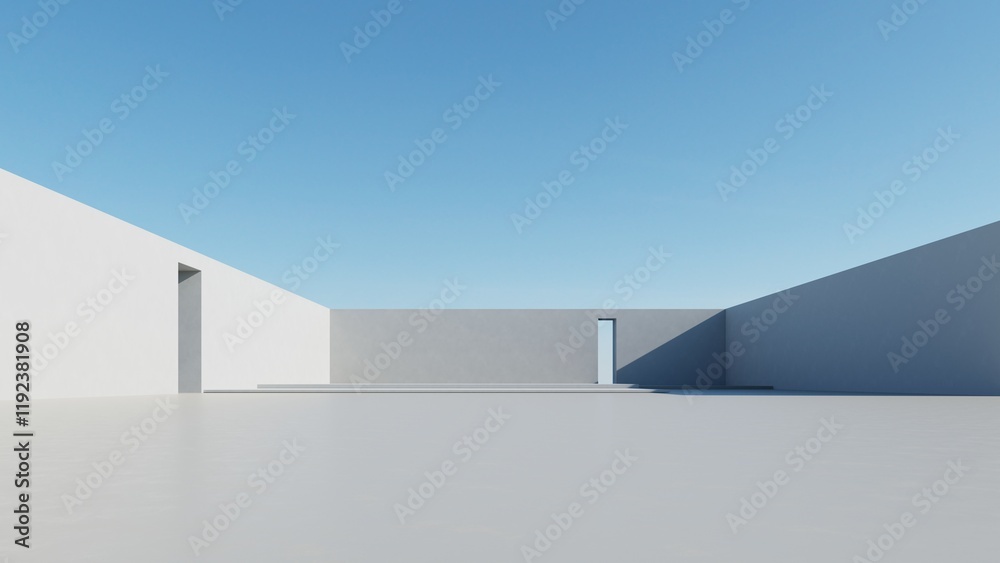 Poster 3d render of abstract modern architecture with empty cement floor, minimal exterior, car presentatio