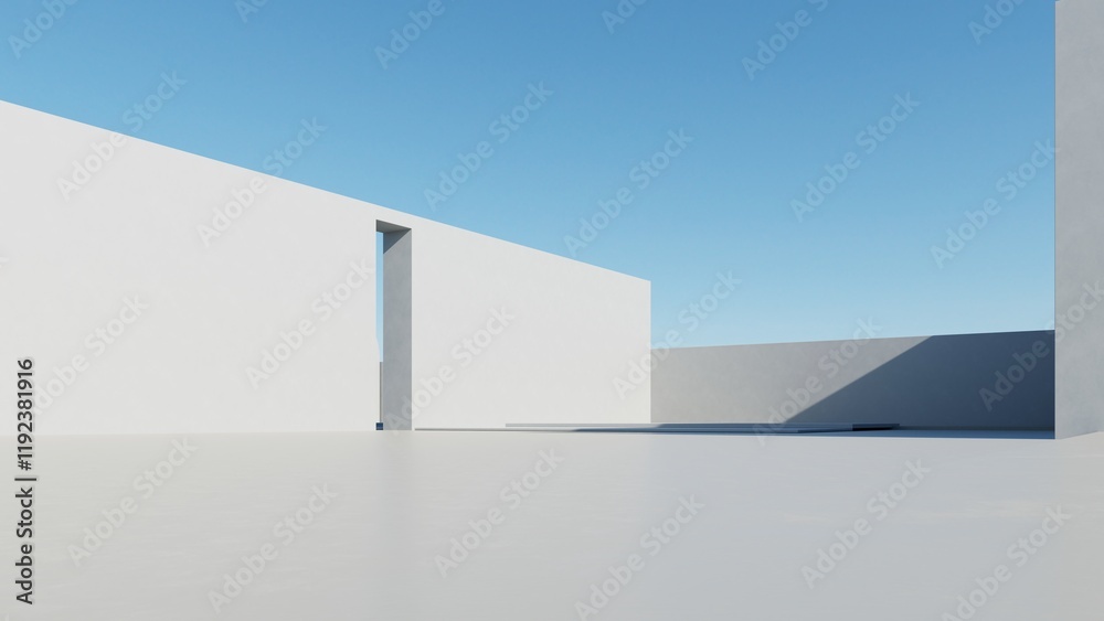 Poster 3d render of abstract modern architecture with empty cement floor, minimal exterior, car presentation background