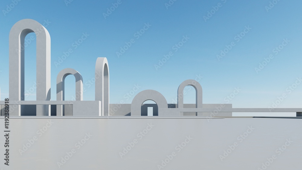 Wall mural 3d illustration of abstract minimal arch architecture background, geometric architectural design, 3d rendering