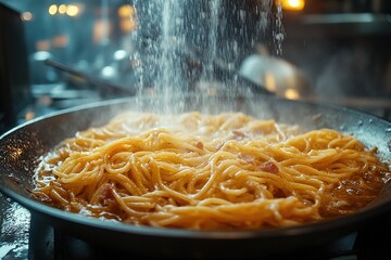 Chef sprinkles cheese on pasta carbonara in busy kitchen