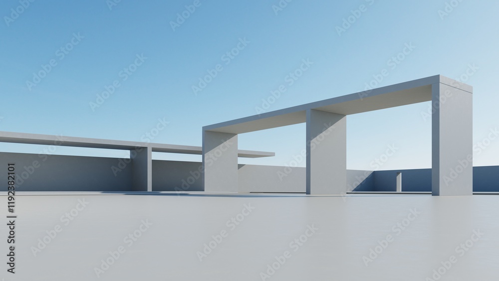 Poster 3d render of abstract modern architecture with empty cement floor, minimal exterior, car presentatio
