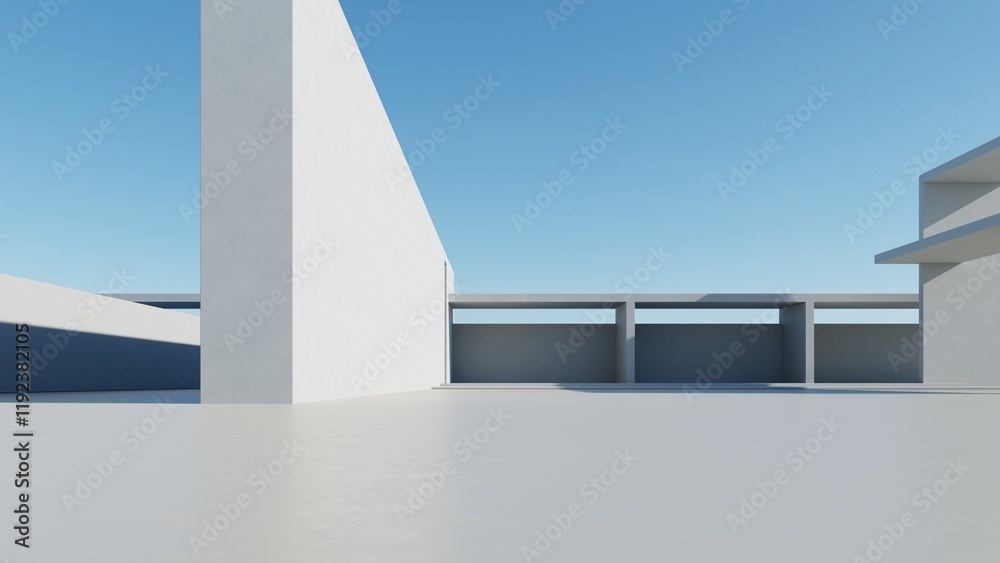 Poster 3d render of abstract modern architecture with empty cement floor, minimal exterior, car presentatio