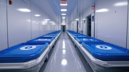 Fototapeta premium Cleanroom Corridor With Rows Of Blue Storage Bins