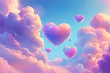 Fototapeta premium A dreamy sky filled with colorful hearts floating among fluffy clouds, creating a whimsical and romantic atmosphere.