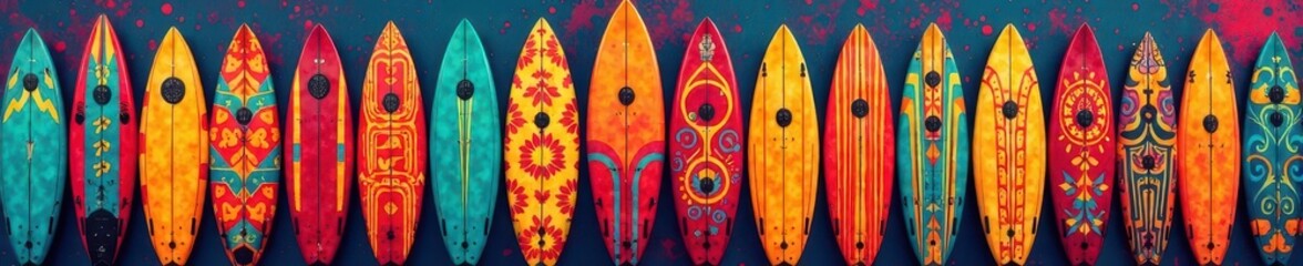 Vibrant tribal print of surfboards in various shapes and sizes forming a repeating pattern, abstract designs, natural fibers, oceanic patterns