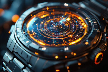 Futuristic smartwatch displaying intricate holographic interface at close range