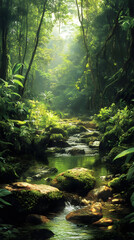 Obraz premium Enchanted Rainforest Stream: A Serene Escape into Lush Green Nature