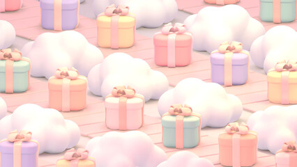 3D render cartoon colorful gift boxes on conveyor belt.