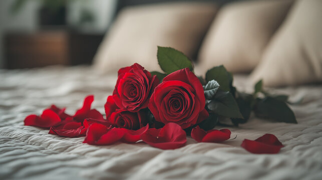 Romantic red roses and petals arranged on a cozy bed for Valentine's Day celebration