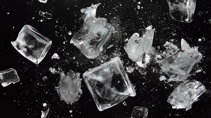 "Frozen Splash: Ice Cubes and Water Particles in Motion"
