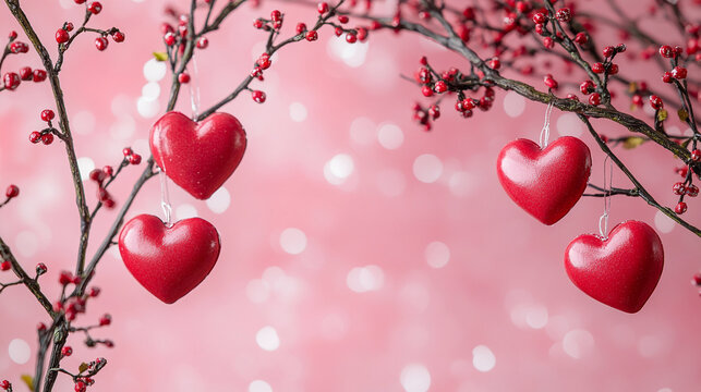 Decorative red hearts hanging on branches for Valentine's Day celebration