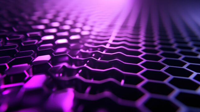 Create a 3D vector design with a dark steel background, a neon purple hexagonal grid, and reflective diagonal metallic bars. Ensure 