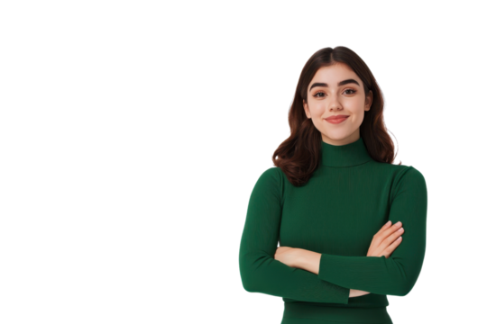 A confident woman in green sweater stands with arms crossed, smiling against transparency background. Her expression conveys positivity and assurance, making her appear approachable and friendly