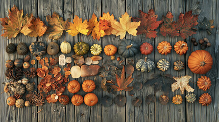 A collection of autumnal elements like pumpkins, gourds, and dried leaves arranged on a wooden table, with muted oranges, yellows, and browns, evoking warmth and nostalgia of the fall season.
