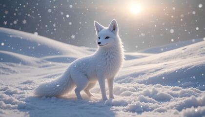 Arctic Majesty: A Snowy Embrace of Sunlight and a Pristine White Fox