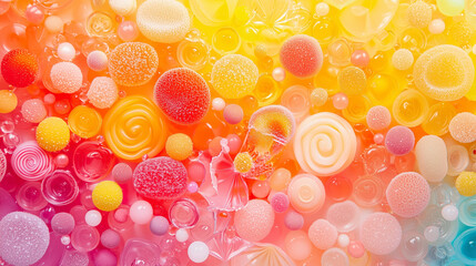 A colorful assortment of candies and sweets arranged in a playful and whimsical pattern, creating a vibrant and eye-catching design. The candy colors and shapes form a joyful and fun composition