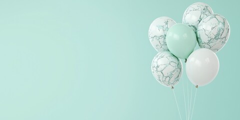 Marble-effect balloons arranged in the bottom corner against a soft mint background create an elegant, minimalist aesthetic perfect for events. The vast clean space invites custom text