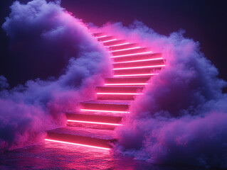 Fototapeta premium Stunning neon staircase rising through vibrant purple clouds creates a dreamlike atmosphere